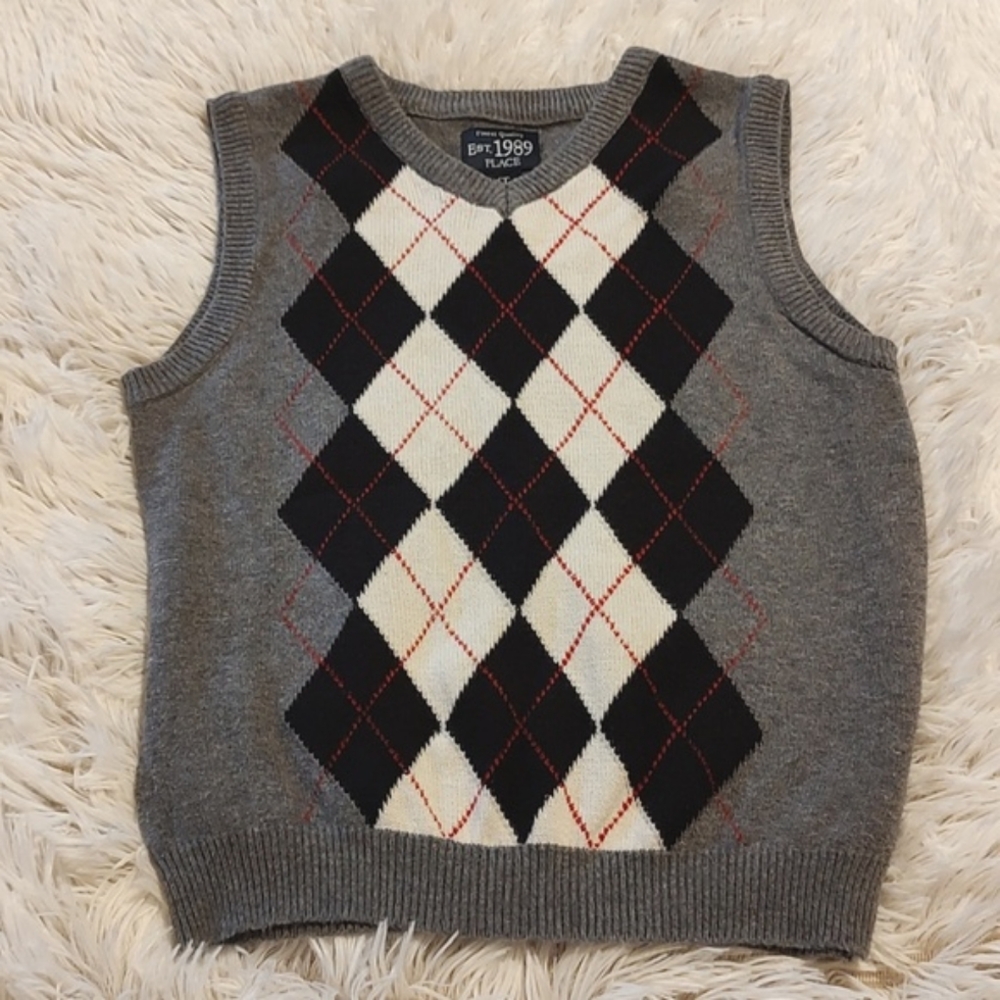 Place Boy's Argyle Sweater Vest Gray Black Red White V-neck 100% Cotton Size 4T